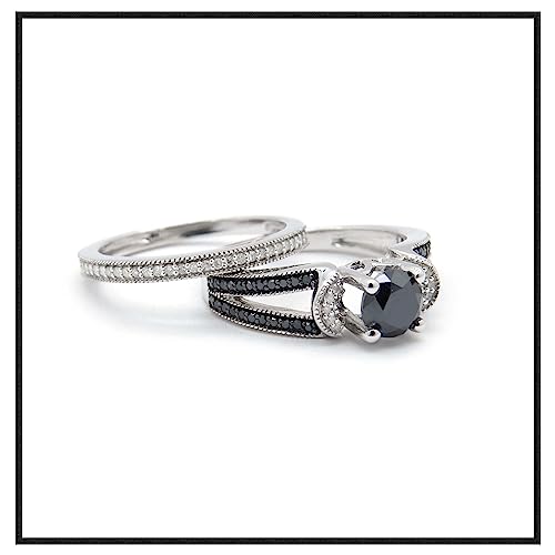 Dazzlingrock Collection 6mm Round Black Diamond & White Diamond Solitaire Style Collar Split Shank Wedding Ring Set for Her in 925 Sterling Silver3