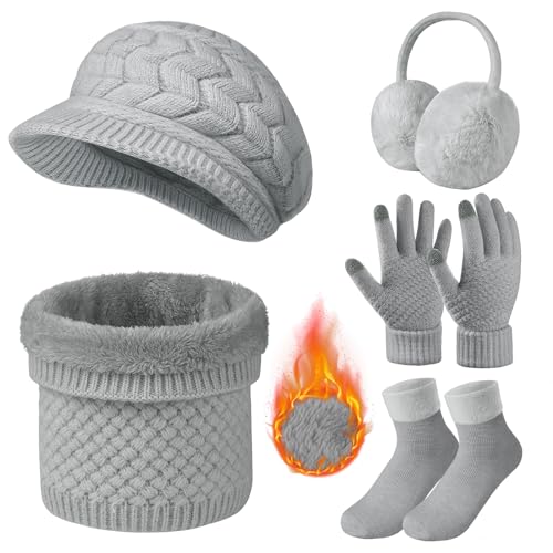 RITOSTA Conjunto Bufanda Gorro y Guantes Mujer Set 5PCS Gorro de Punto Guantes Táctil Calentadores de Orejeras y Calcetines Termicos Cuello de Bufanda Invierno Regalo Mujer para Esquí (Gris)