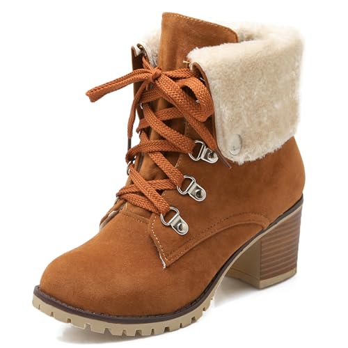 AIMODOR Womens Lace Up Platform Boots Mid Chunky Heel Ankle Booties Shoes Round Toe Warm Faux Fur Winter Snow Boots
