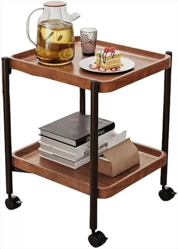 サービングカート、キッチンワゴン 2段 ワゴン ラック キャスター付き収納ラック 木製サービスワゴン キッチンカート 移動簡単 組み立てが簡単ドリンクカート、キッチンカート、ダイニングルーム、パーティー用 (50*55cm(四角),ウォールナット色)
