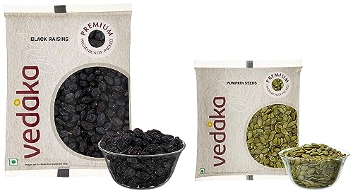 Image of Amazon Brand - Vedaka Premium Pumpkin Seeds, 100g and Amazon Brand - Vedaka Premium Black Raisins, 200g