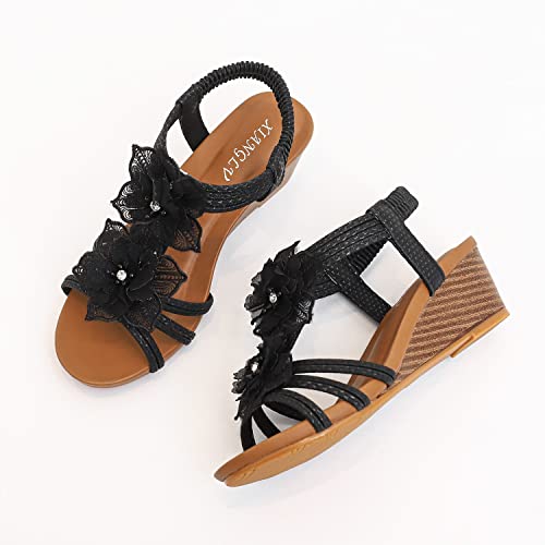 Women's Round Open Toe Ankle Strap Wedge Sandals Slip On Summer Dressy Shoes with Embellishments3
