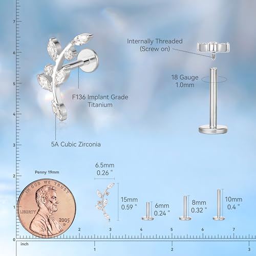 limerencia F136 Titanium Hypoallergenic Piercing Jewelry 18G 6mm 8mm 10mm Flat Back Internally Threaded Implant Grade Climber Stud Crawler Earrings For Cartilage,Tragus,Helix,Conch,Nose,Lip(1pc)4