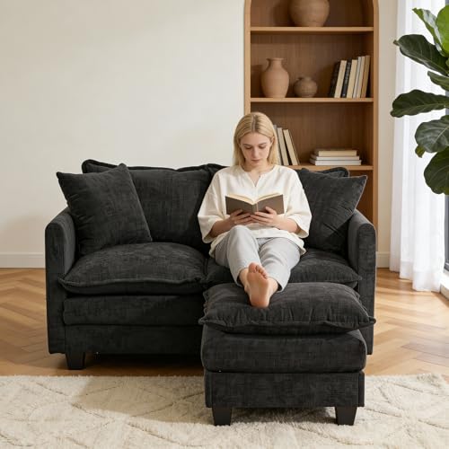 Image of Loveseat Sofa with Ottoman, 50'' Modern L-Shape Cloud Couch Sofa Loveseat with 22'' Ottoman for Small Space Apartment Office Living Room Bedroom 8834-BLACK-L-1