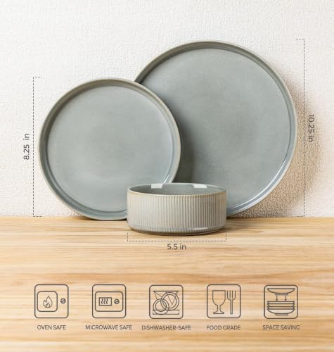 Image of Ceramic Dinnerware Set for 6, 18-Piece Plates and Bowls Set | Lightweight Porcelain Dish Set, Scratch Resistant, Oven & Microwave & Dishwasher Safe, Desert Sage