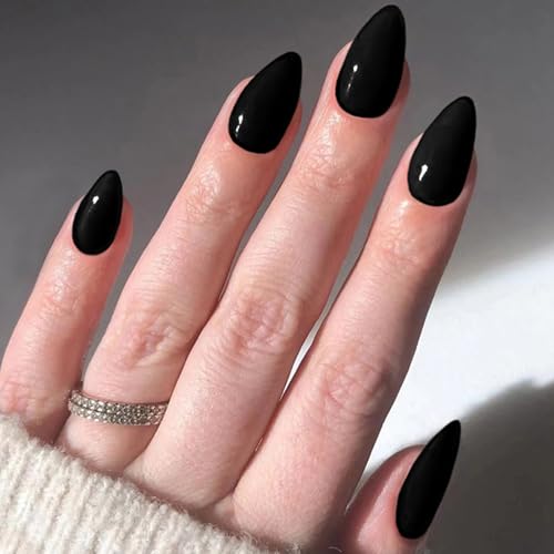 24 Piezas Negro Uñas Postizas Francesas, 12 Tamaños Color Sólido Press On Nails, Almendra Uñas Falsas Artificiales, Cobertura Completa Uñas Artificiales Reutilizables para Mujeres y Niñas