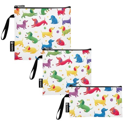 RPLIFE Coloridas bolsas de bocadillos reutilizables con diseño de perros salchicha, con cremallera, apta para alimentos, lavable para niños y adultos (paquete de 3: S/M/L)