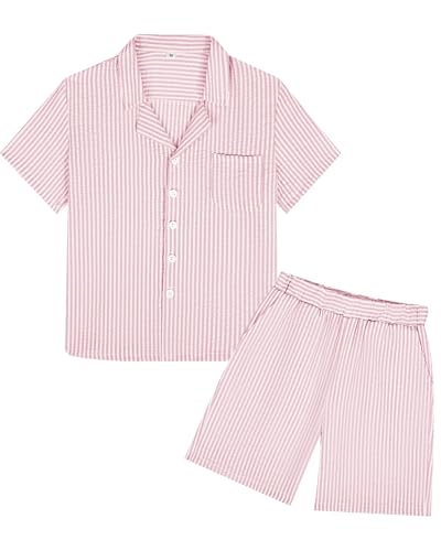 Image of Boys Summer Textured Outfit Beach Short Sleeve Button Down Shirts and Shorts 2 Piece Vacation Clothing Set for Kids