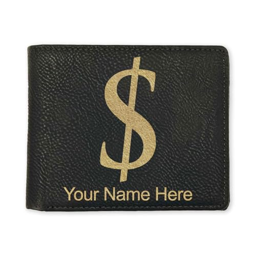 LaserGram Faux Leather Bi-Fold Wallet, Dollar Sign, Personalized Engraving Included (Black with Gold)