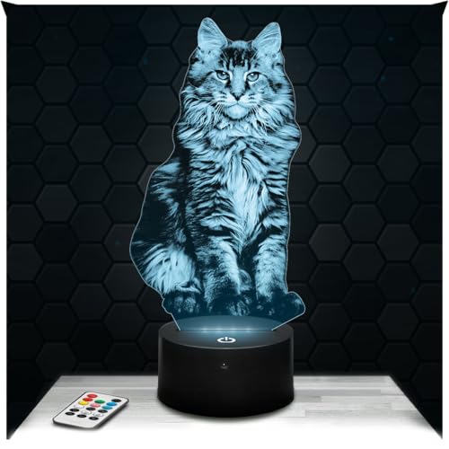 Lampephoto.fr - Lampe 3D Chat Maine Coon Cadeau Chat Maine Coon Chat Chaton Animal, Veilleuse Tactile Led, Effet Hologramme 3D, Idée Cadeau Noël Anniversaire Garçon ou Fille, Objet décoration chambre