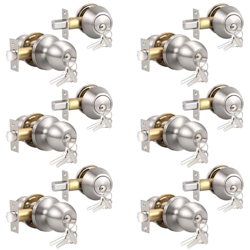 Knobonly Entry Door Knobs and Double Cylinder Deadbolt, Keyed Alike Door Handle Set with Same Keys, Combo Pack for Front Doors-Keyed on Both Side, Satin Nickel Finish, Contractor Pack of 6 Set