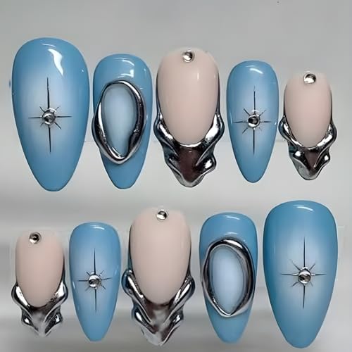24Pcs Silver French Tip Press on Nails Medium Almond Fake Nails 3D Metallic Design Chrome Glue on Nails Y2k Star Acrylic Nails Gradient Blue Full Cover False Nails for Women Almond Artificial Nails