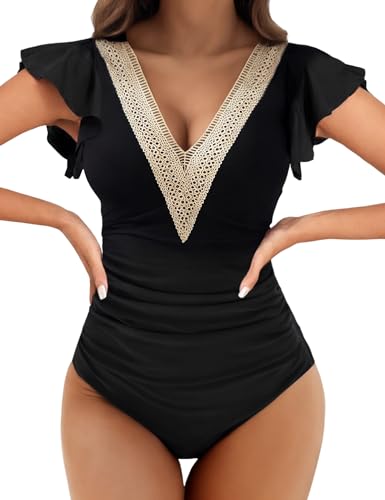Buauty Womens One Piece Swimsuits Tummy Control Bathing Suits Deep V Lace Neckline Ruffle Swimwear Women 2025