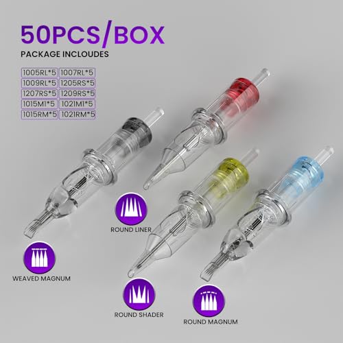 Image of Wormhole Tattoo Cartridge Needles Long Taper 50PCS Assorted Disposable Tattoo Needle Mixed 5RL 7RL 9RL 5RS 7RS 9RS 15M1 21M1 15RM 21RM Round Liner Shader Magnum Round Magnum for Beginners Practicing