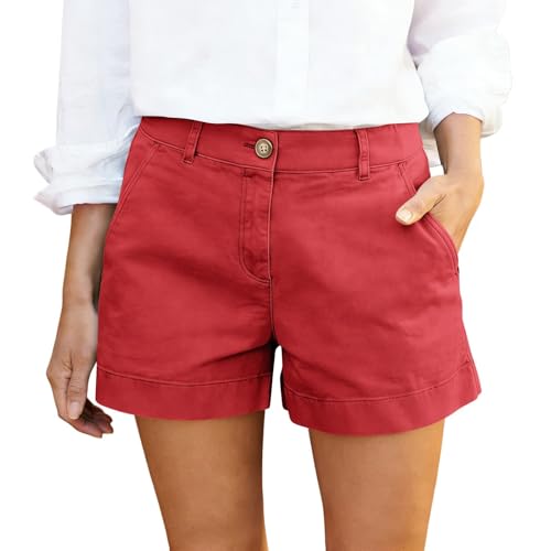 Summer Shorts for Women Plus Size High Waisted Bermuda Shorts with Pockets Dressy Casual Chino Short Button Ladies Loose Travel Cruise Outfits 2026 Tailored Short Lounge Beach Vacation Clothes Red