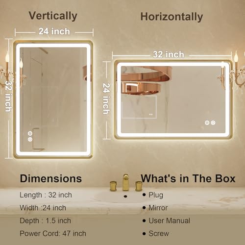 24x32 Inch LED Bathroom Mirror with Round Corner Gold Framed, Lighted Vanity Mirrors with Lights, Front Light and Backlit, Stepless Dimmable, Anti-Fog, Memory, 3 Colors Wall-Mounted Mirrors by Jing yi ming jing - Image 7