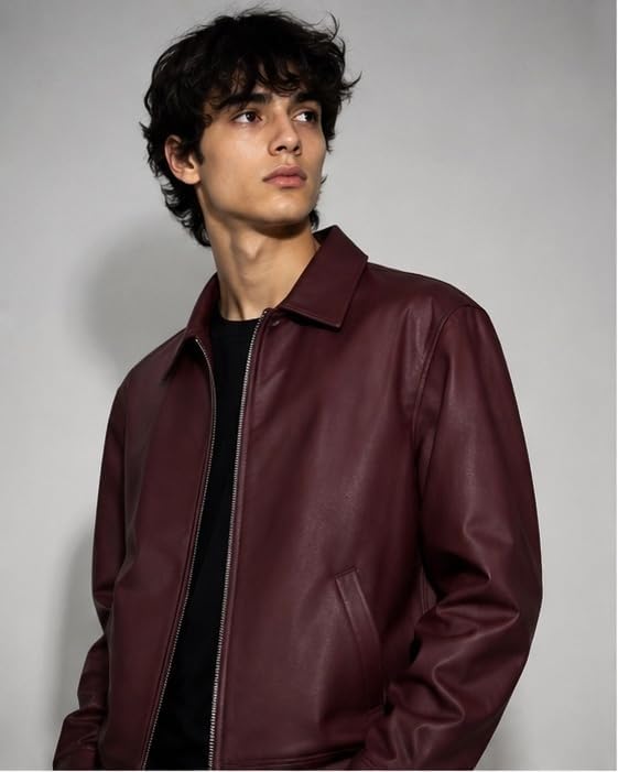 Image of Men's Burgundy Faux Leather Jacket - Classic Zip-Up Bomber Jacket with Shirt Collar, Long Sleeves & Modern Slim Fit