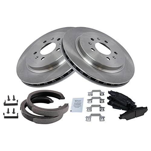 Image of TRQ Rear Brake Pad and Rotor Set Ceramic Parking Brake Shoes Code JE5 JL9 Compatible with 2005-2008 Cadillac STS