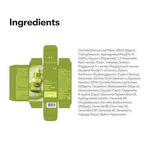 VT COSMETICS Matcha Cica Layer Serum, Hydrating Korean Facial Serum with Green Tea Extract, Centella Asiatica, Ceramide & Squalane, Barrier Care & Oil Balancing for Sensitive Skin (1.01 fl oz/ 30ml)