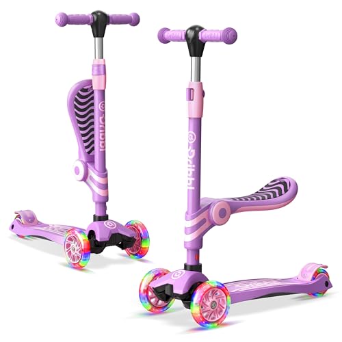 Purple 3 Wheel Scooter with Seat for Kids – Light-Up LED Wheels, Adjustable Handlebar and Seat, Smooth PU Wheels, Wide Anti-Slip Deck, Rear Foot Brake – Toddler Outdoor Toys for Ages 2+ by Dribbl - Used condition - CA$60.53
