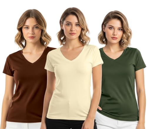 Image of JUNEBERRY Women's Cotton Lycra Regular Fit V- Neck Solid Core Half Sleeve Combo T-Shirt (Pack of 3)