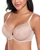 DotVol Sujetador con Aros Escote Profundo de Encaje Bonito sin Relleno Tallas Grandes para Mujer Beige,110C