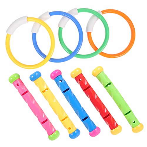 FELTECHELECTR 9 Piezas Juego de Buceo Juguetes Infantiles Piscina de plástico para niños Aprender a Nadar Juguetes Anillos Juguetes para niños pequeños Palos de Buceo Anillo de natación Verano