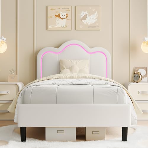 Image of GarveeHome Twin Upholstered Smart LED Bed Frame with Headboard, PU Leather Princess Platform Bed Frame for Kids, Wooden Slats Support, No Box Spring Needed (Vanilla)