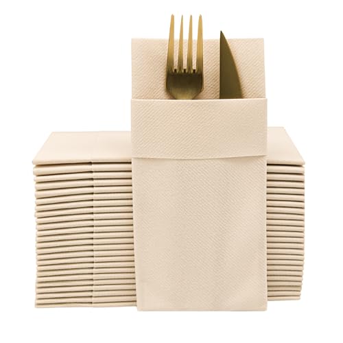 Moyes Home Beige Dinner Napkins with Silverware Pocket (50 Pack) – Linen-Feel Disposable Cloth-Like Paper Napkins for Weddings, Rustic & Neutral Table Settings, Pre-Folded 16x16 in