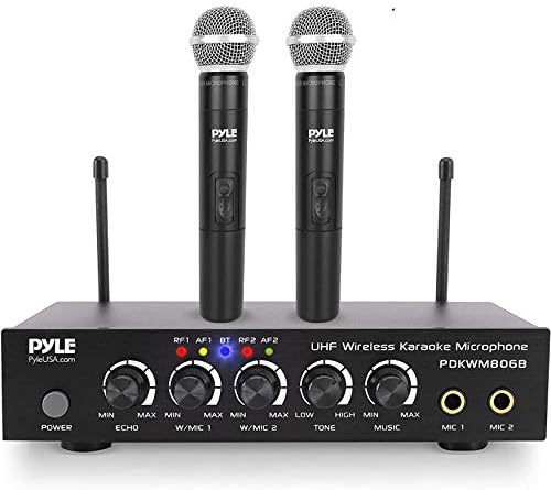 Pyle Portable UHF Wireless Microphone System - Battery Operated Dual Bluetooth Cordless Microphone Set, Includes 2 Handheld Transmitter Mic, Mixer Receiver, RCA, for PA Karaoke DJ Party PDKWM806B