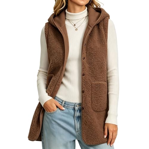 Womens Fleece Vest Warm Hooded Sherpa Long Button Down Vest Cardigan - image 1