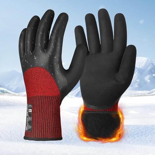Schwer 3 Pairs Winter Work Gloves with 3/4 Double-Dipped Coating, Thermal Insulated Gloves with Grip & Abrasion Resistance, ANSI A2 Cut Resistant Warm Glove for Cold Weather, Snow, L, CR3313