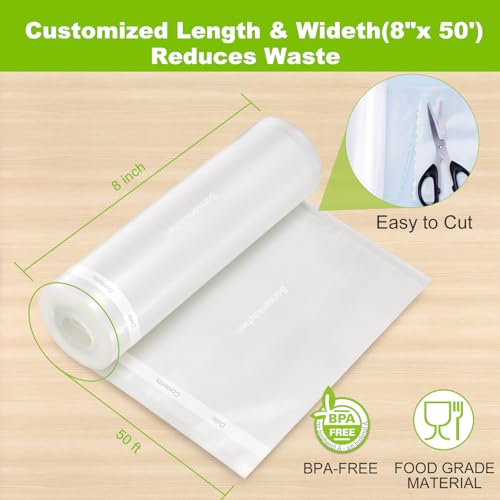 Image of Bonsenkitchen Vacuum Sealer Bags, 8 inch x 50' Rolls 2 pack for Food Storage Saver, Bpa Free, Heavy Duty, Commercial Grade Textured Food Roll, Customized Size Bag for Sous Vide Cooking,VB3209