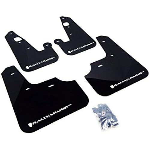 Rally Armor MF8-UR-BLK/WH Black, White Mud Flap with Logo (2007+ Mitsubishi Lancer (Doesn't fit Sport Back) UR), 1 Pack