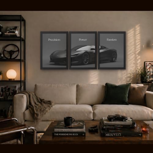 Image of BeauKraft Supercar Racing Poster Set for Wall - 3 Panel Split Posters (13x17 in Each, Framed), Sports Car Wall Art Decor for Boys Room, Living Room, Garage & Men's Bedroom (Framed - Black)