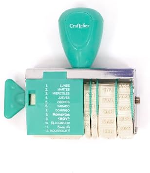 Craftelier - Roller Stamp or Rotating Dater Stamp | Day of the Week, Number, Month and Year | Compatible with Different Inks | Includes Symbols and Motivational Messages in Spanish | Colour Turquoise