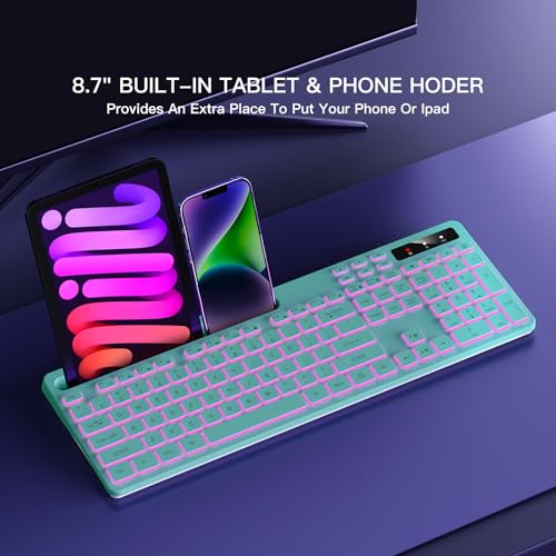 Image of Wireless Keyboard with 7-Color RGB Backlit, Soueto Full-Size Computer Keyboard with Phone Tablet Holder, 2.4G Rechargeable Gaming Keyboard with Light Up Keys, Compatible with Mac, Windows (Mint Green)