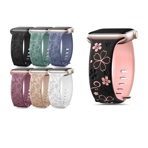 6 Pack Floral Engraved Bands & Two-Tone Floral Engraved Band Compatible with Apple Watch Bands for Women 40mm 41mm 42mm 38mm