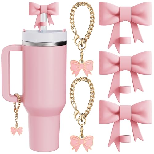 Compatible with Stanley Cup Accessories - 3Pcs 10mm Bow Straw Topper Compatible with Stanley Cup Straw Cover Cap, 2pcs Pink Bow Charms for Stanley 30&40 Oz Tumbler with Handle