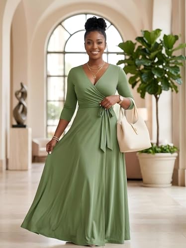 Image of PinkPatty Women's Plus Size Maxi Dresses Casual Flowy 3 /4 Sleeves Dress Printed Vacation Dress for Daily Wear with Belt