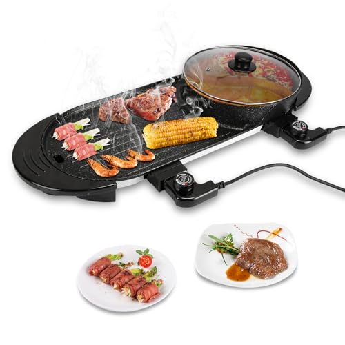 2-in-1 Electric Hot Pot & Korean BBQ Grill, 2200W Smokeless Non-Stick Indoor Combo with Dual Temperature Control, Shabu Shabu Hot Pot w/Large Capacity Tray, 5 Firepower Settings for 2-12 People, 110V
