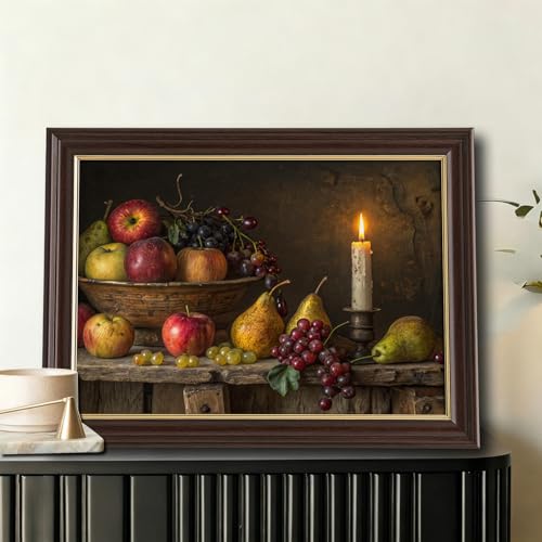 Image of Antique Framed Fruit Still Life Canvas Art, Candlelit Rustic Farmhouse Oil Painting Canvas Prints, Vintage Kitchen Wall Decor Pictures for Living Room Bedroom Home