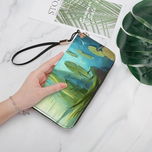 Frog in A Pond Ladies' Leather Wallet With Hand Strap Slim Vertical Purse Wallets Card Case Long Zip Around Long Wallet Credit Cards Holder Phone Clutch4