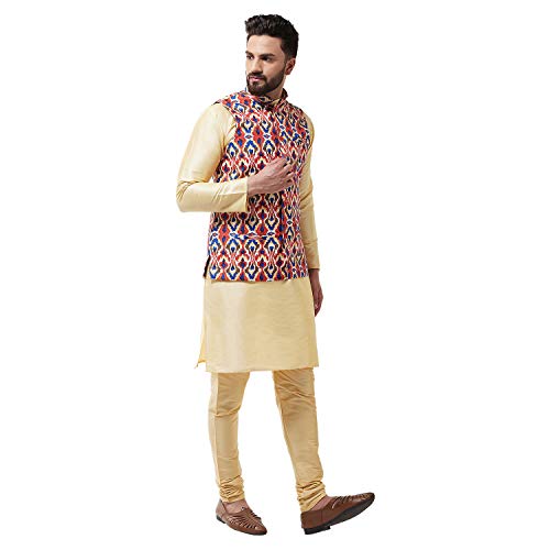 Image of SOJANYA (Since 1958 Men's Silk Blend Gold Kurta Pyjama & Printed Nehrujacket Combo