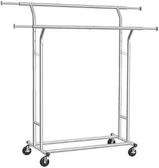 SONGMICS HSR12S Heavy Duty Metal Coat Rack Stand 110kg Heavy Duty Clothes Rack on Wheels Length 129-169 cm Chrome