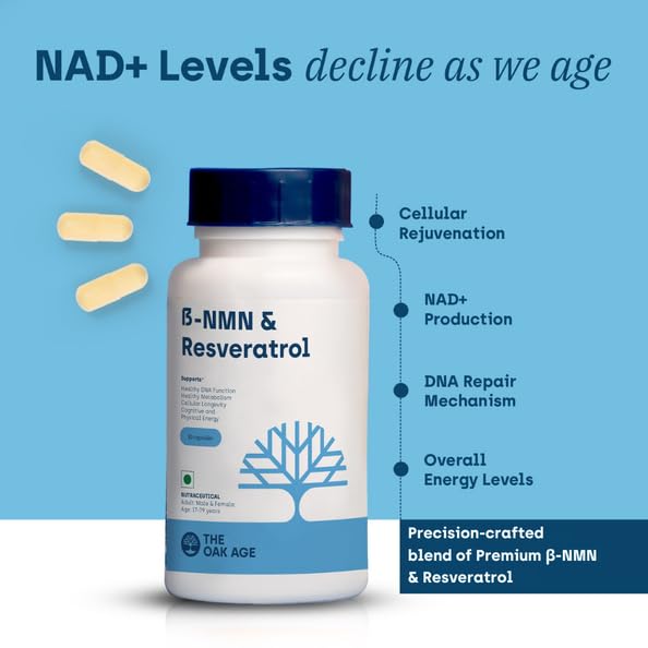 The Oak Age NMN with Resveratrol Supplement- 500mg NMN for Longevity– NAD Supplement to Support Energy Production, Cellular Rejuvenation & Healthy Ageing– No Additives, Preservatives 1