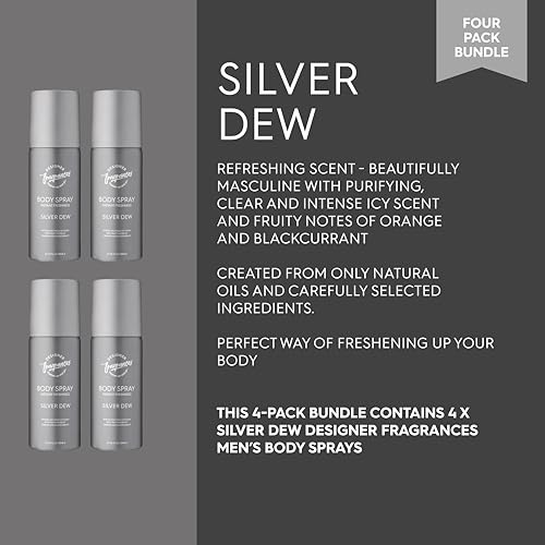 Designer Fragrances 4 Pack Silver Dew Men's Body Spray Deodorant Cans - For Instant Freshness on The Go - Long Lasting Smell - Great Male Gift Sets - 150ml - Image 3