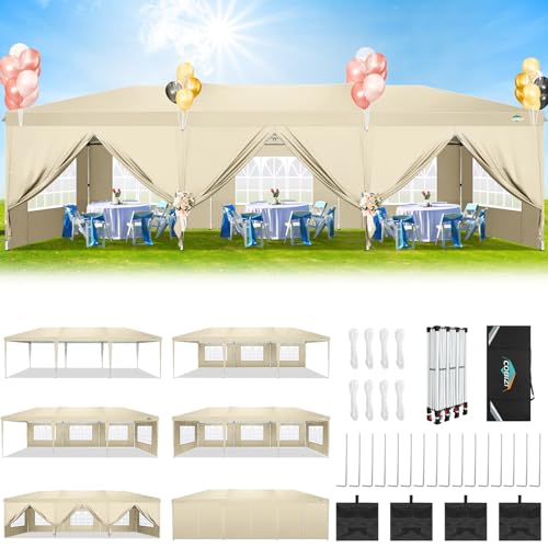 Image of COBIZI 10x30 Canopy Party Tent with 8 Walls 10x30 Pop Up Tent for Parties Waterproof UPF 50+ Outdoor Commercial Event Tent for Party Backyard Gazebo Canopy with Sidewalls & Sandbags(Khaki /10x30ft