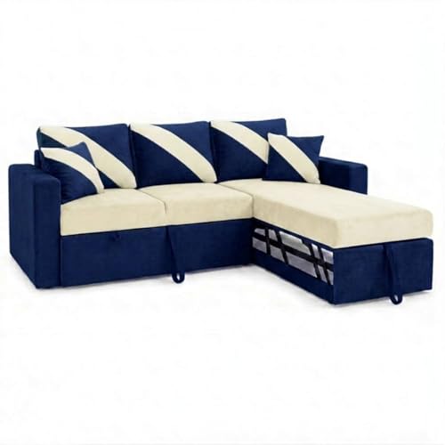Image of FURNY Trivia 4 Seater RHS Lounger Sofa Cum Bed (Dark Blue - Cream) with Pull-Out Function | Luxury Velvet Suede Finish | Durable Comfort | Ideal for Living Room
