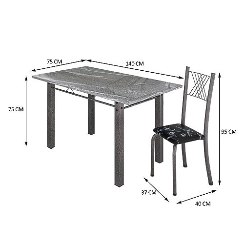 Conjunto Mesa com 6 Cadeiras Tampo de Granito Topázio Sara  Preto Floral/Mart Prata